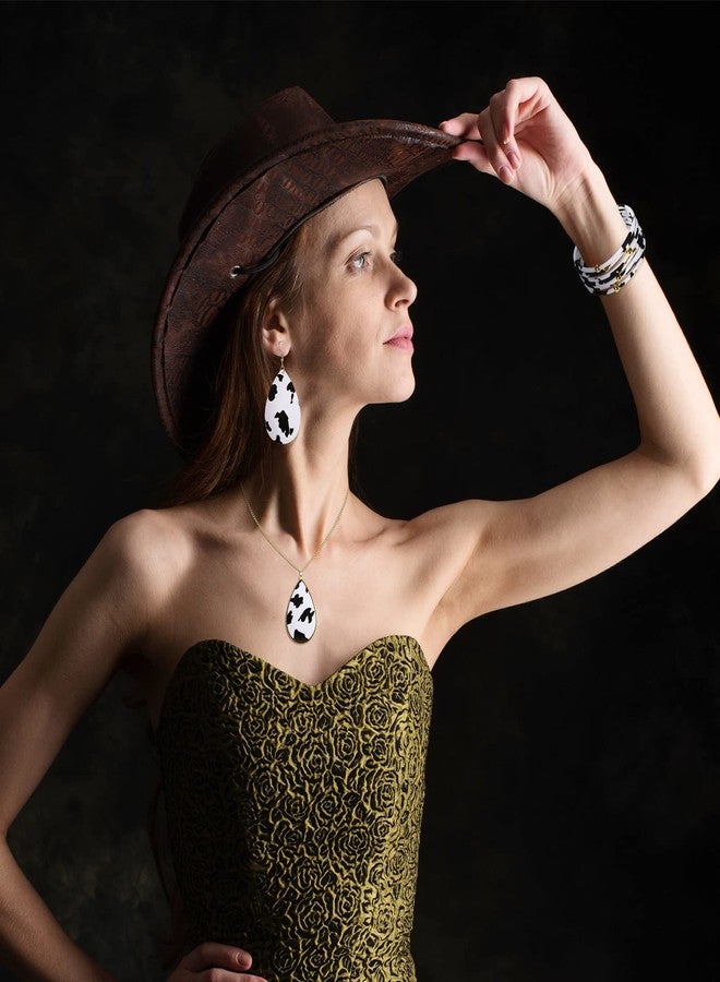 Sureio 4 Pcs Cow Print Jewelry Set Cow Print Accessories for Women Earrings Pendant Necklace Black and White Multi Layer Bracelet for Women Cosplay Party Supplies Accessories - Image 4