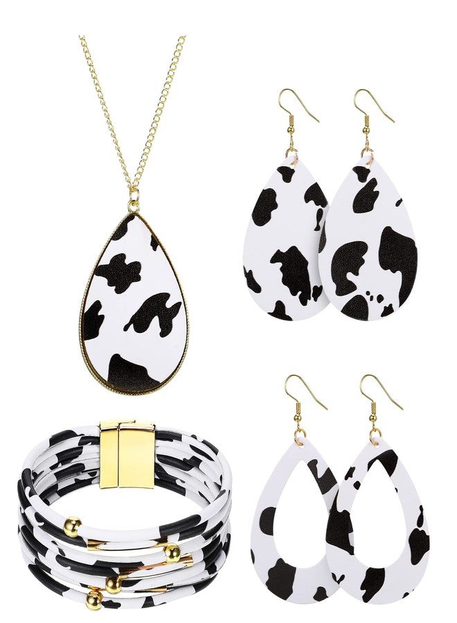 Sureio 4 Pcs Cow Print Jewelry Set Cow Print Accessories for Women Earrings Pendant Necklace Black and White Multi Layer Bracelet for Women Cosplay Party Supplies Accessories - Image 1