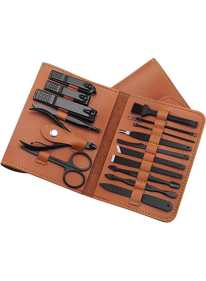 SHOWAY Stainless Steel Manicure Set, 16 in 1 Professional Nail Clipperus Scissors Grooming Kit Care Tools with PU leather case, Personal tool brown, x 12 3 cm - Image 1