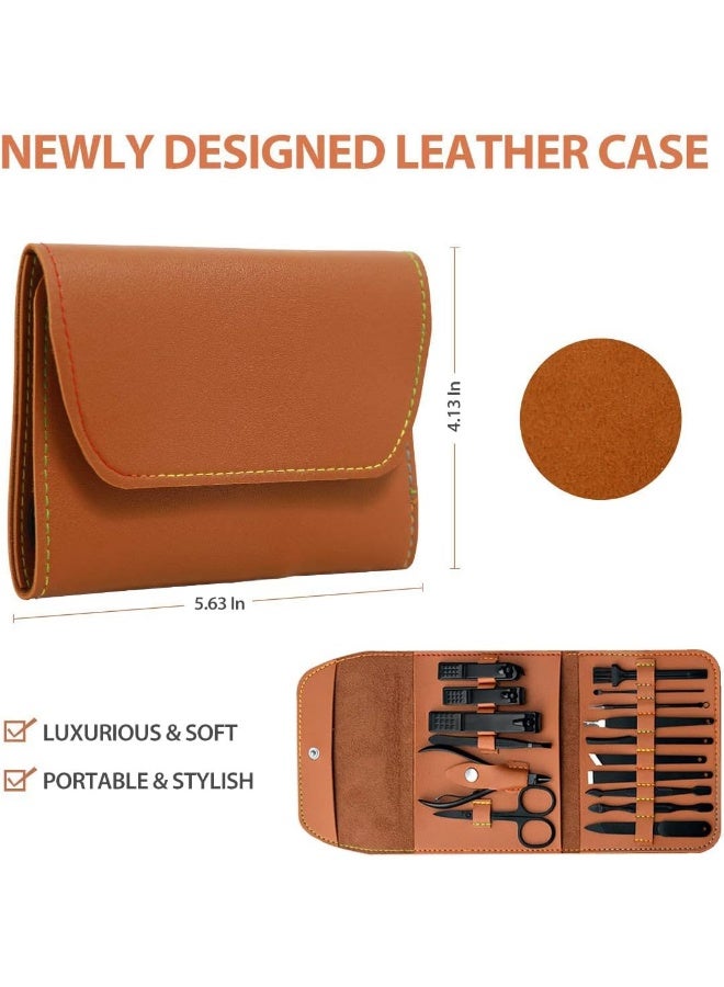 SHOWAY Stainless Steel Manicure Set, 16 in 1 Professional Nail Clipperus Scissors Grooming Kit Care Tools with PU leather case, Personal tool brown, x 12 3 cm - Image 2