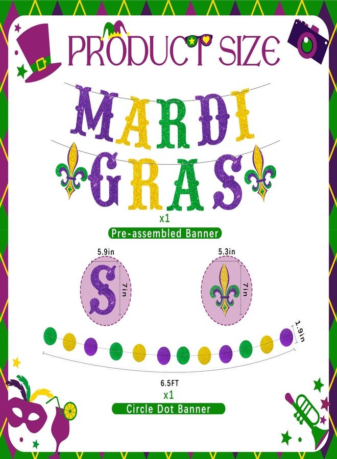 RTHPY Mardi Gras Decorations Mardi Gras Banner Glitter Circle Garlands Hanging Swirls Paper Fan Tissue Pompoms Purple Green and Gold Party Supplies for New Orleans Fat Tuesday Masquerade Theme Decorations - Image 2