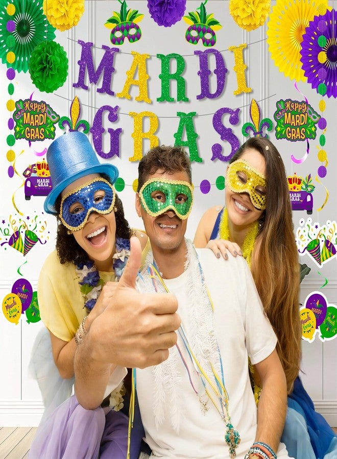 RTHPY Mardi Gras Decorations Mardi Gras Banner Glitter Circle Garlands Hanging Swirls Paper Fan Tissue Pompoms Purple Green and Gold Party Supplies for New Orleans Fat Tuesday Masquerade Theme Decorations - Image 4