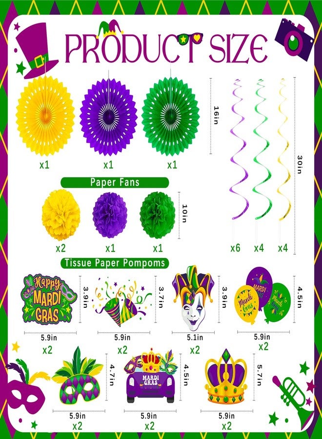 RTHPY Mardi Gras Decorations Mardi Gras Banner Glitter Circle Garlands Hanging Swirls Paper Fan Tissue Pompoms Purple Green and Gold Party Supplies for New Orleans Fat Tuesday Masquerade Theme Decorations - Image 3