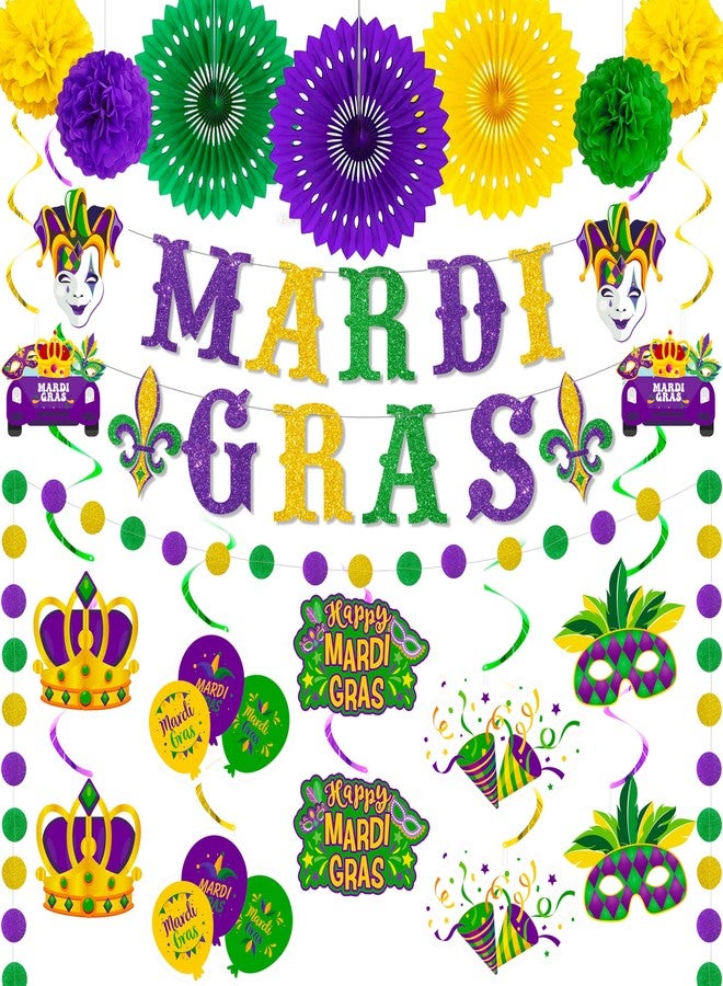 RTHPY Mardi Gras Decorations Mardi Gras Banner Glitter Circle Garlands Hanging Swirls Paper Fan Tissue Pompoms Purple Green and Gold Party Supplies for New Orleans Fat Tuesday Masquerade Theme Decorations - Image 1