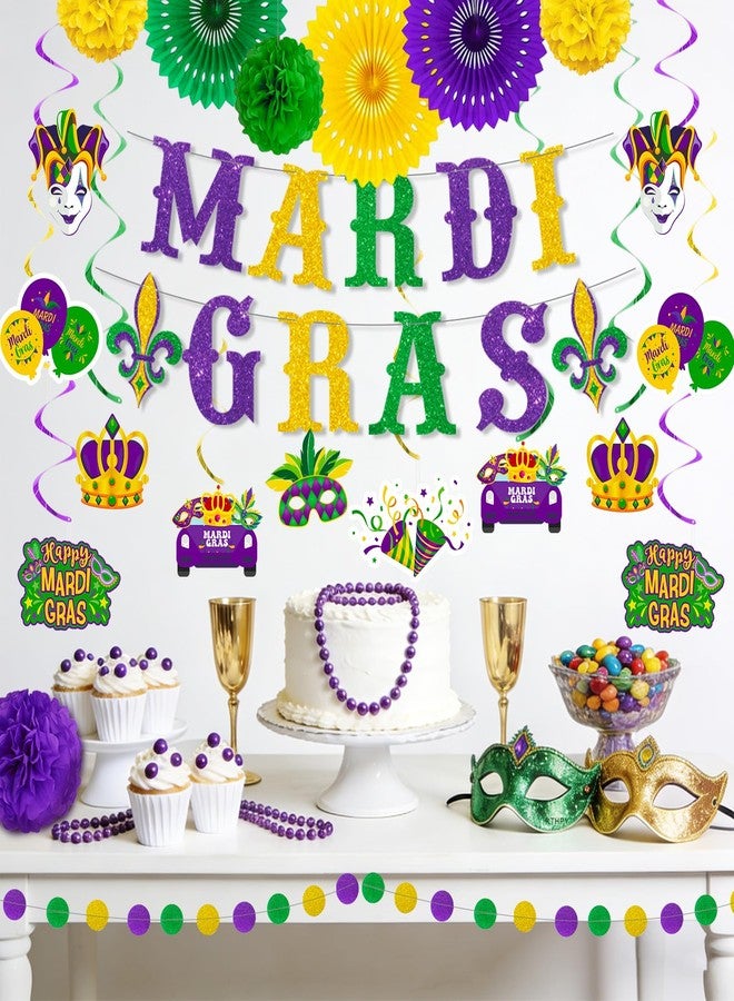 RTHPY Mardi Gras Decorations Mardi Gras Banner Glitter Circle Garlands Hanging Swirls Paper Fan Tissue Pompoms Purple Green and Gold Party Supplies for New Orleans Fat Tuesday Masquerade Theme Decorations - Image 5