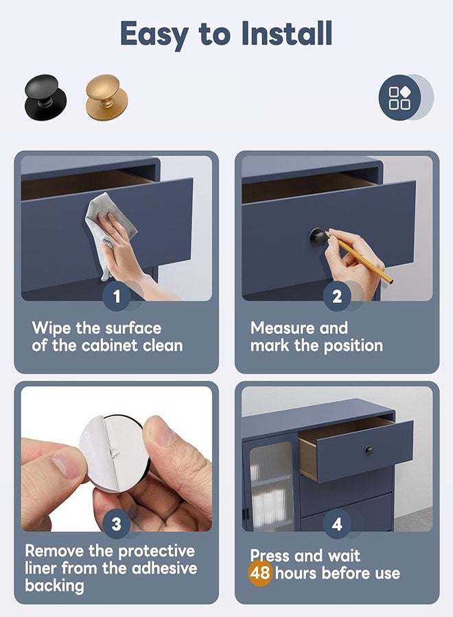 8 Pack Self-Adhesive Cabinet Knobs, No-Drill Self-Stick Drawer Knobs for Dressers, Kitchen, Glass Cabinets, Closets - Strong Adhesive Round Stainless Steel Stick on Handles ( Gold, Black) - Image 4