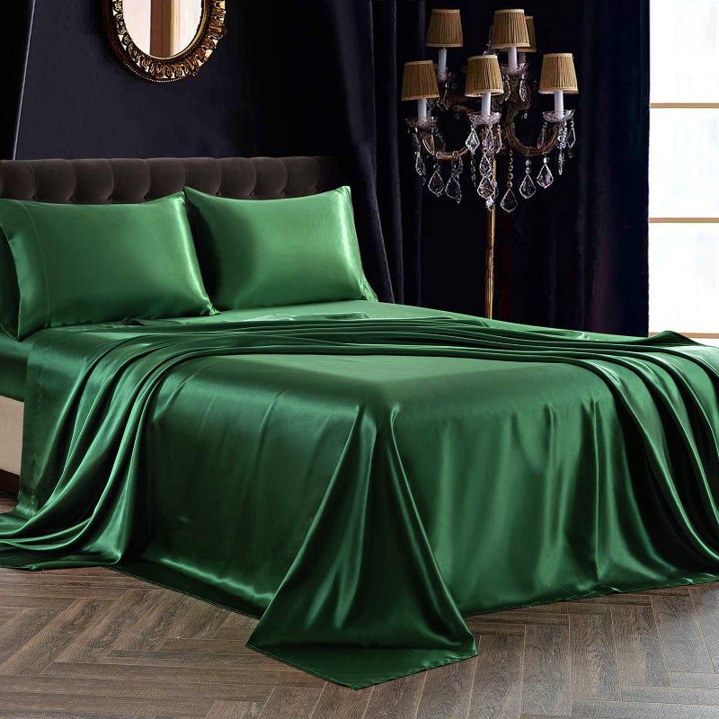 SiinvdaBZX 4Pcs Satin Sheet Set Queen Size Ultra Silky Soft Emerald Green Satin Queen Bed Sheets with Deep Pocket 1 Fitted Sheet 1 Flat Sheet 2 Envelope Closure Pillowcases