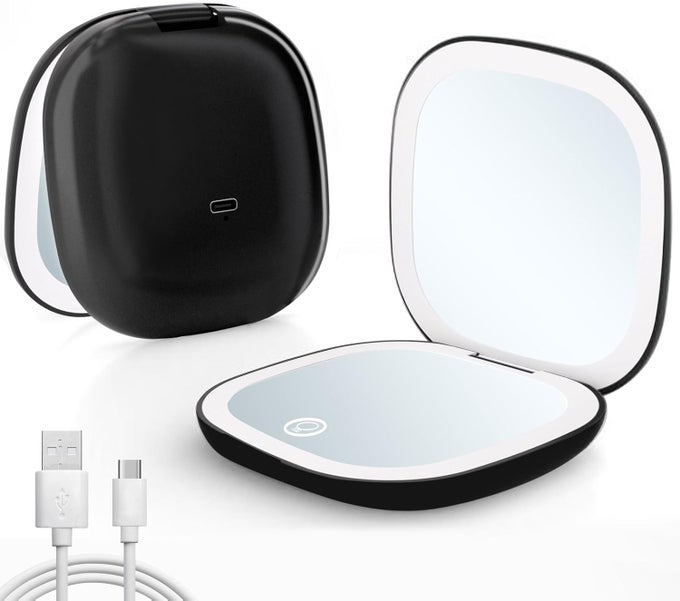 COMPACT TRAVEL MAKEUP MIRROR, RECHARGEABLE 1X/10X MAGNIFYING COMPACT MIRROR WITH DIMMABLE LIGHT, 2-SIDED HANDHELD PORTABLE FOLDING MIRROR, MINI MAKEUP MIRROR FOR PURSE, POCKET, GIFTS (BLACK)