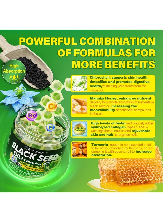 Black Seed Oil Gummies & Chlorophyll, Biotin 500mcg with Hydrolyzed Collagen, Raw Manuka Honey, Organic Cold Pressed - Ultimate Absorption for Skin, Hair & Nails, Digestive, Overall Health, Sugar Free