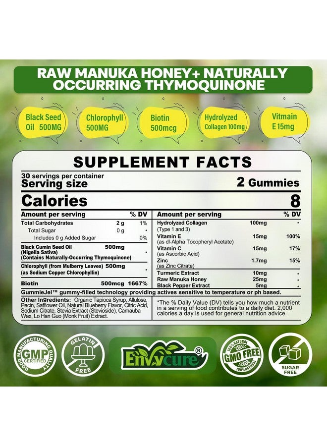 Black Seed Oil Gummies & Chlorophyll, Biotin 500mcg with Hydrolyzed Collagen, Raw Manuka Honey, Organic Cold Pressed - Ultimate Absorption for Skin, Hair & Nails, Digestive, Overall Health, Sugar Free