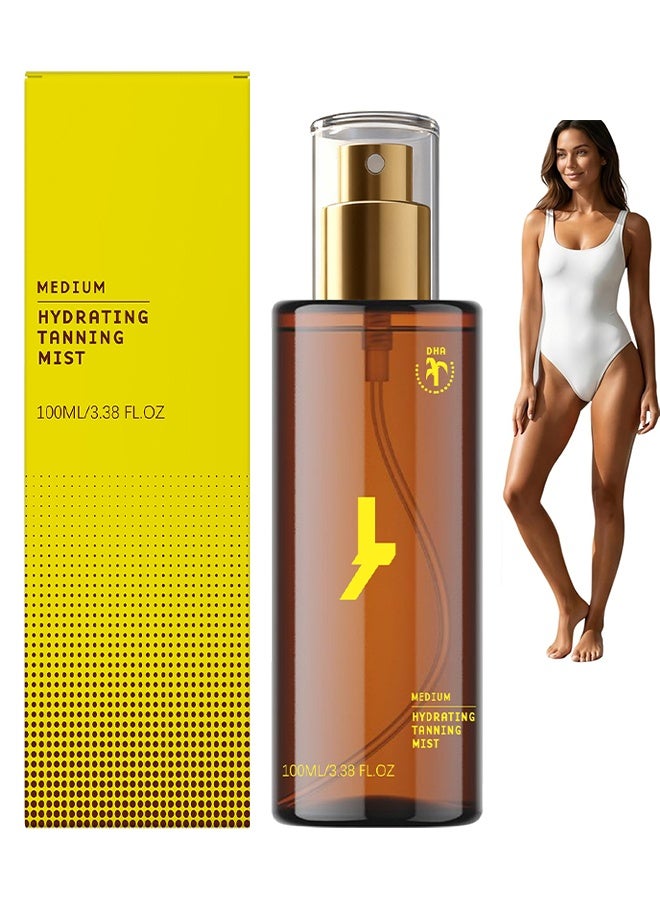Feimuko Medium Hydrating Tanning Mist, Self Tanning Mist, Non Toxic Self Tanner Spray, Effortless Fake Tan, Gradual Sun Kissed Glow, Suitable For Face, Body And Legs, Hydrating Moisturiser, Quick Tan Luxe Bronzer, 100ml - Image 1