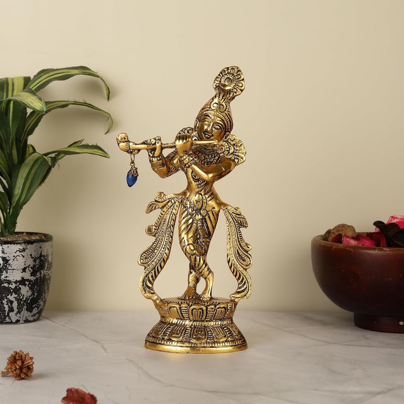HEYEARTH Lord Krishna Metal Statues Playing FluteKrishna FigurineLord Krishna Idol Statue for Home TempleOfficeGiftsLord Krishna Idol for Home Decor Gold 85 Inches - Image 1
