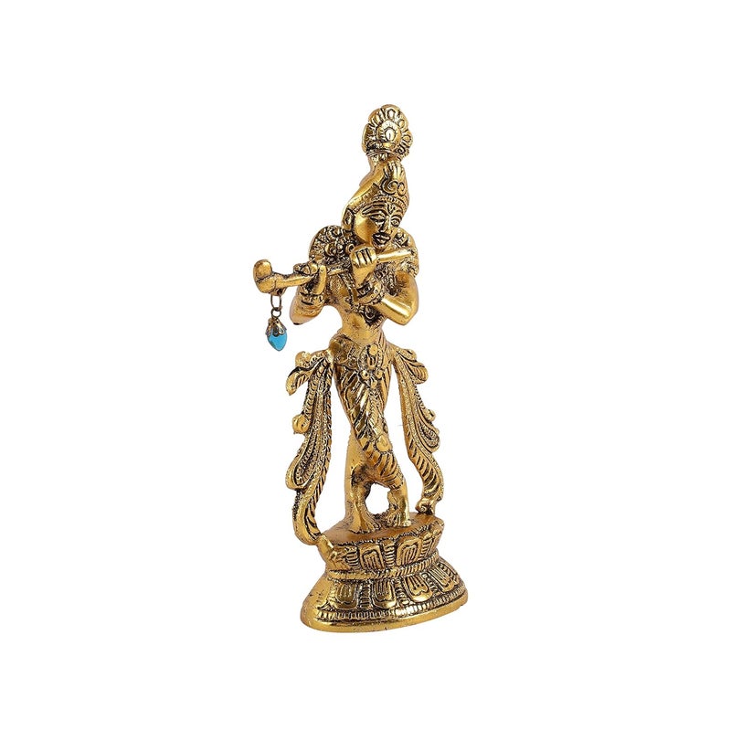 HEYEARTH Lord Krishna Metal Statues Playing FluteKrishna FigurineLord Krishna Idol Statue for Home TempleOfficeGiftsLord Krishna Idol for Home Decor Gold 85 Inches - Image 4