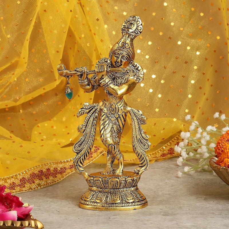 HEYEARTH Lord Krishna Metal Statues Playing FluteKrishna FigurineLord Krishna Idol Statue for Home TempleOfficeGiftsLord Krishna Idol for Home Decor Gold 85 Inches - Image 2