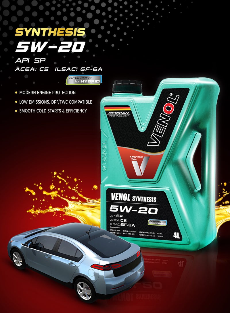 Venol Motor Oil SYNTHESIS 5W-20 Fully Synthetic Motor Oil – High-Performance Engine Lubricant for Gasoline & Hybrid Vehicles – German Technology – API SP, ACEA C5, ILSAC GF-6A – 4 Liters - Image 2