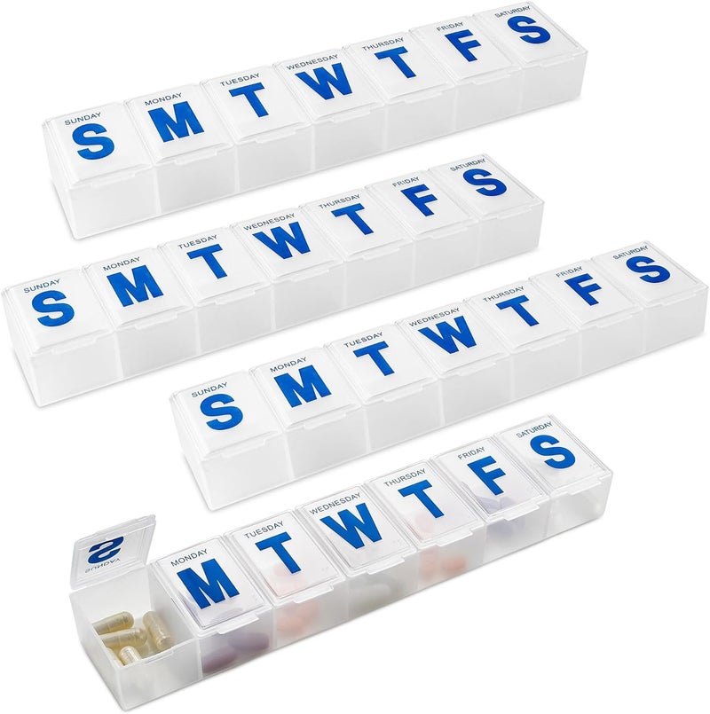 MEDca Weekly Pill Organizer - 7-Day Pill Planner Extra Large Pill Planner and Daily Pill Organizer and Medicine Reminder, Monday to Sunday Compartments - BPA Free - Travel Pill Box Case (Pack of 4) - Image 1