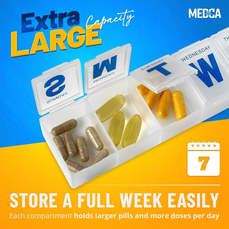 MEDca Weekly Pill Organizer - 7-Day Pill Planner Extra Large Pill Planner and Daily Pill Organizer and Medicine Reminder, Monday to Sunday Compartments - BPA Free - Travel Pill Box Case (Pack of 4) - Image 2