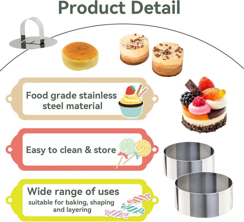 Uncle Jack 4 Pieces Round Cake Ring Molds, Stainless Steel Cake Ring Mold with Pusher, for Kitchen Tools, Baking Pastry, Mousse (Include 4 Rings and 2 Pushers) - Image 4