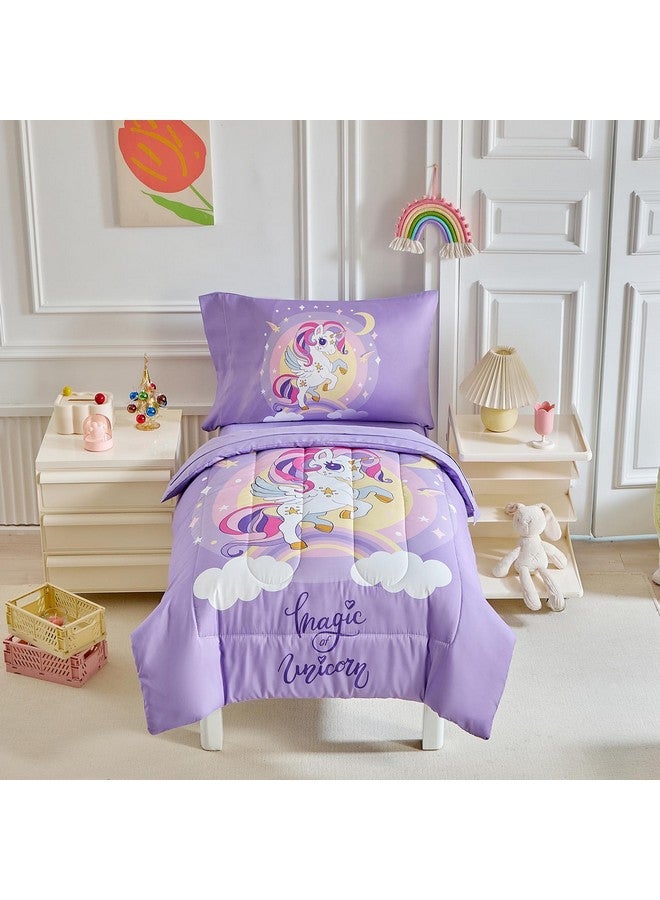 Uozzi Bedding 4 Pieces Purple Unicorn Toddler Bedding Set for Girls - Cartoon Stars Rainbow Print Cute Princess Bed in a Bag - Comforter, Fitted Sheet, Flat Sheet, Pillowcase - Image 2