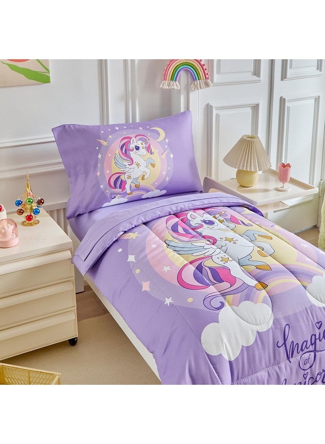 Uozzi Bedding 4 Pieces Purple Unicorn Toddler Bedding Set for Girls - Cartoon Stars Rainbow Print Cute Princess Bed in a Bag - Comforter, Fitted Sheet, Flat Sheet, Pillowcase - Image 3