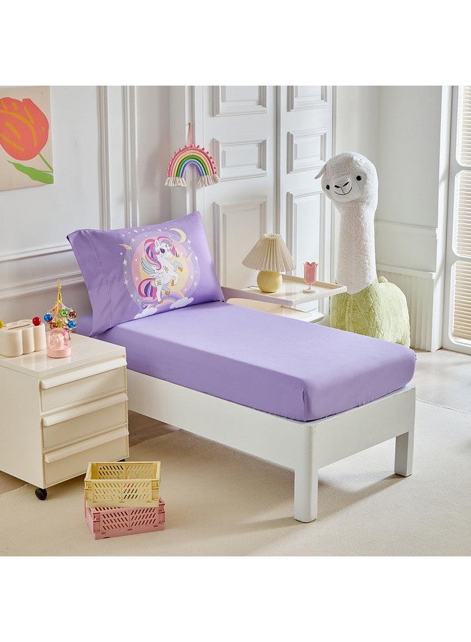 Uozzi Bedding 4 Pieces Purple Unicorn Toddler Bedding Set for Girls - Cartoon Stars Rainbow Print Cute Princess Bed in a Bag - Comforter, Fitted Sheet, Flat Sheet, Pillowcase - Image 5