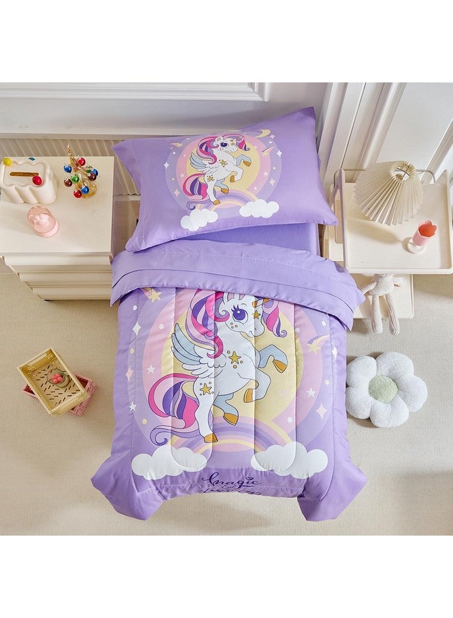 Uozzi Bedding 4 Pieces Purple Unicorn Toddler Bedding Set for Girls - Cartoon Stars Rainbow Print Cute Princess Bed in a Bag - Comforter, Fitted Sheet, Flat Sheet, Pillowcase - Image 1