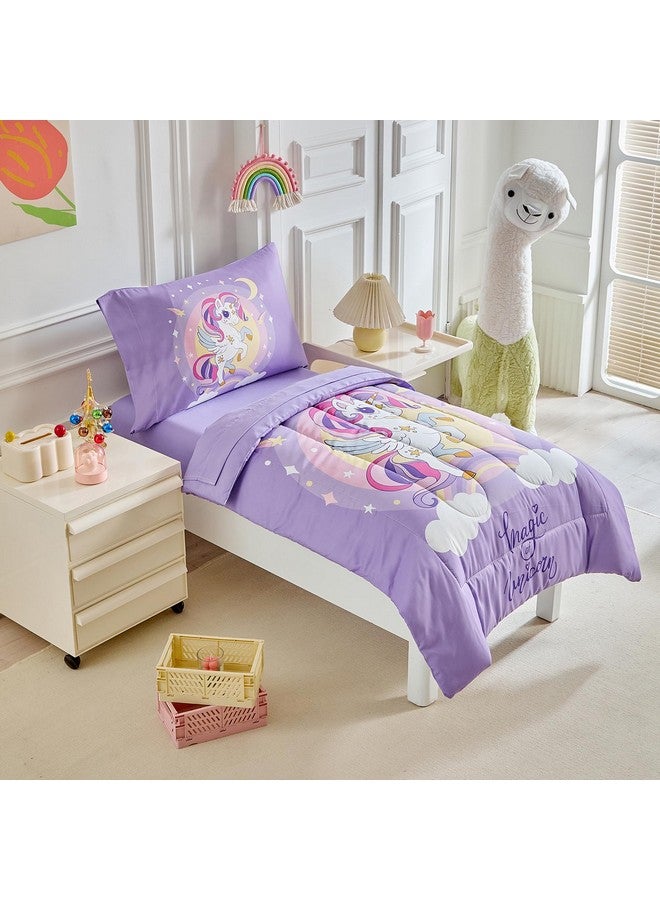 Uozzi Bedding 4 Pieces Purple Unicorn Toddler Bedding Set for Girls - Cartoon Stars Rainbow Print Cute Princess Bed in a Bag - Comforter, Fitted Sheet, Flat Sheet, Pillowcase - Image 4