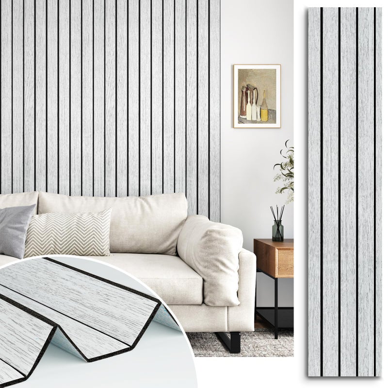 STICKEEP White/Grey 3D Wood Slat Panels for Walls Peel and Stick PVC Slat Wall Paneling Soundproof Self Adhesive Faux Wooden Slatted Panel for Wall Decor Interior Living Room Bedroom 118"x 11.8" - Image 1