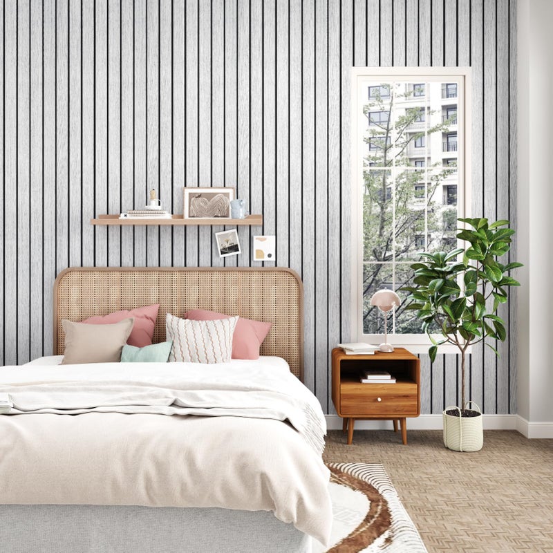 STICKEEP White/Grey 3D Wood Slat Panels for Walls Peel and Stick PVC Slat Wall Paneling Soundproof Self Adhesive Faux Wooden Slatted Panel for Wall Decor Interior Living Room Bedroom 118"x 11.8" - Image 2