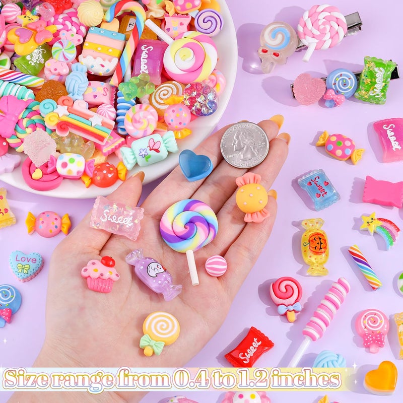 Glitzest Fake Candy Charms 120PCS Cute Flatback Resin Charms For Slime, Random Kawaii Decoden Charm for Embellishments Slime Charm for Craft Phone Junk Case Charms Bulk Rainbow Lollipop, Scrapbooking DIY Decor - Image 2