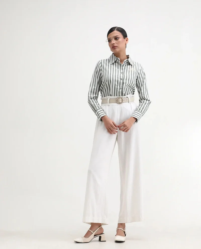 Rareism Women's Cuffed Sleeves Narrow Stripes Shirt