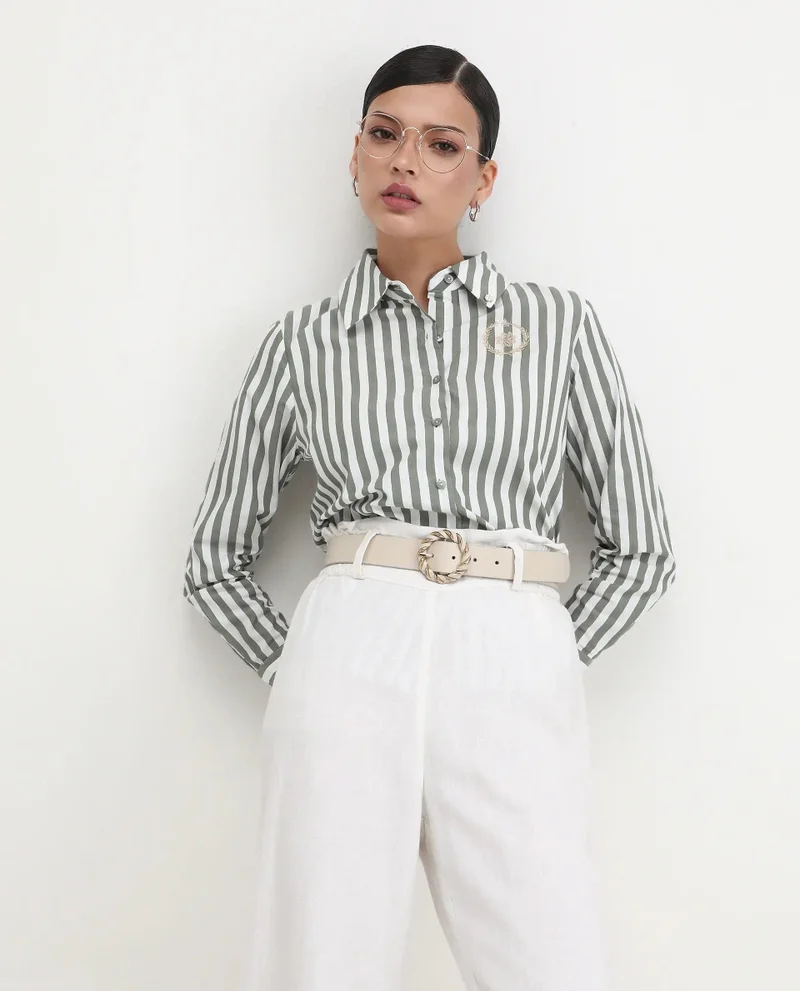 Rareism Women's Cuffed Sleeves Narrow Stripes Shirt