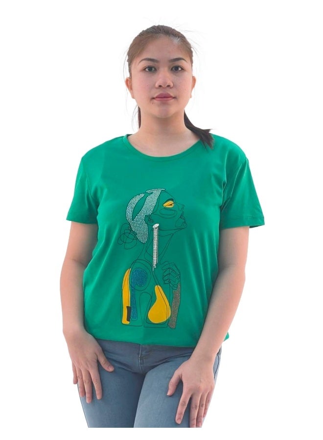 JOANNA تي شيرت نسائي بتصميم تجريدي دائري العنق بأكمام قصيرة - أخضر - Image 2