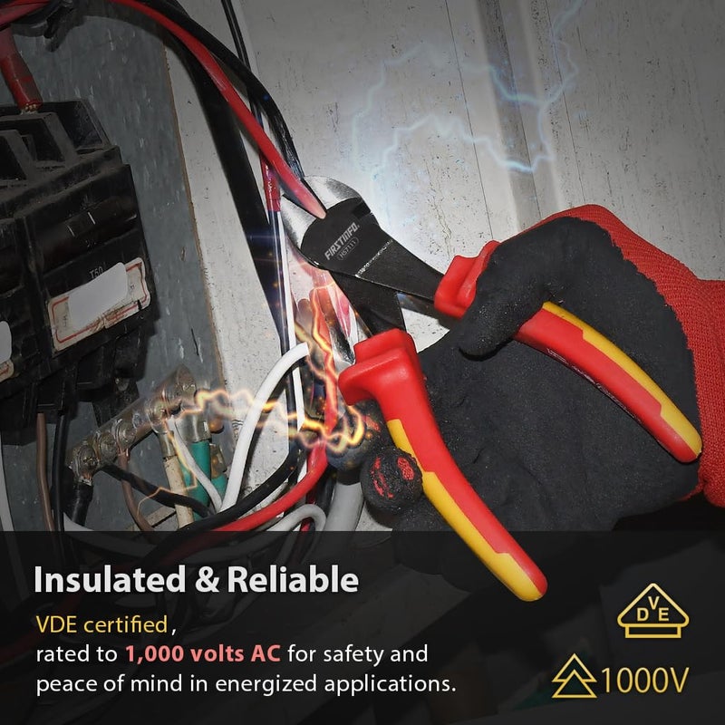 FIRSTINFO TOOLS FIT YOUR NEEDS FIRSTINFO H57111788inch VDE 1000V Insulated Diagonal Cutting Plier with Chrome Molybdenum Steel Body and Dual Material AntiSlip Handles  - Image 2