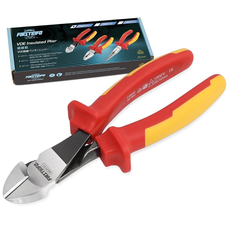 FIRSTINFO TOOLS FIT YOUR NEEDS FIRSTINFO H57111788inch VDE 1000V Insulated Diagonal Cutting Plier with Chrome Molybdenum Steel Body and Dual Material AntiSlip Handles  - Image 1
