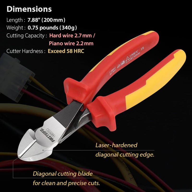 FIRSTINFO TOOLS FIT YOUR NEEDS FIRSTINFO H57111788inch VDE 1000V Insulated Diagonal Cutting Plier with Chrome Molybdenum Steel Body and Dual Material AntiSlip Handles  - Image 4