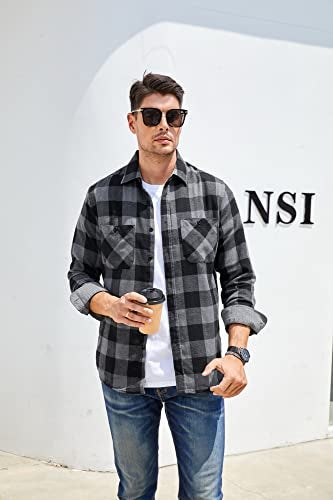 Alex Vando Mens Button Down Shirts Regular Fit Long Sleeve Casual Plaid Flannel Shirt.Grey/Black,XXL - Image 3