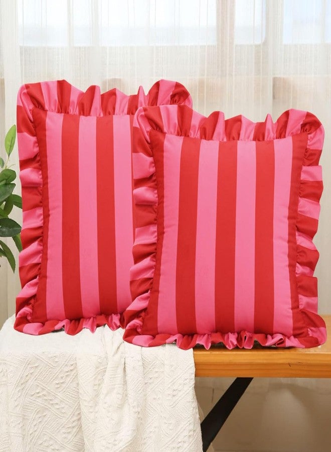 vctops Ruffle Square Throw Pillow Covers Boho Pink and Red Striped Decorative Pillowcases Set of 2, Soft Velvet Accent Cushion Cover Cases for Sofa Bed Living Room Decor (Pink,18"x18") - Image 1