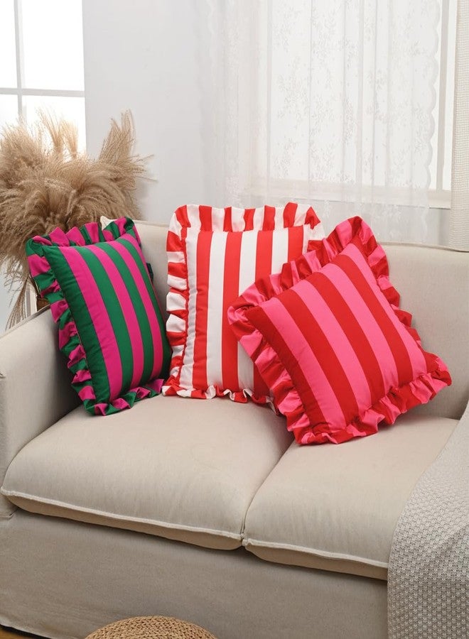 vctops Ruffle Square Throw Pillow Covers Boho Pink and Red Striped Decorative Pillowcases Set of 2, Soft Velvet Accent Cushion Cover Cases for Sofa Bed Living Room Decor (Pink,18"x18") - Image 4