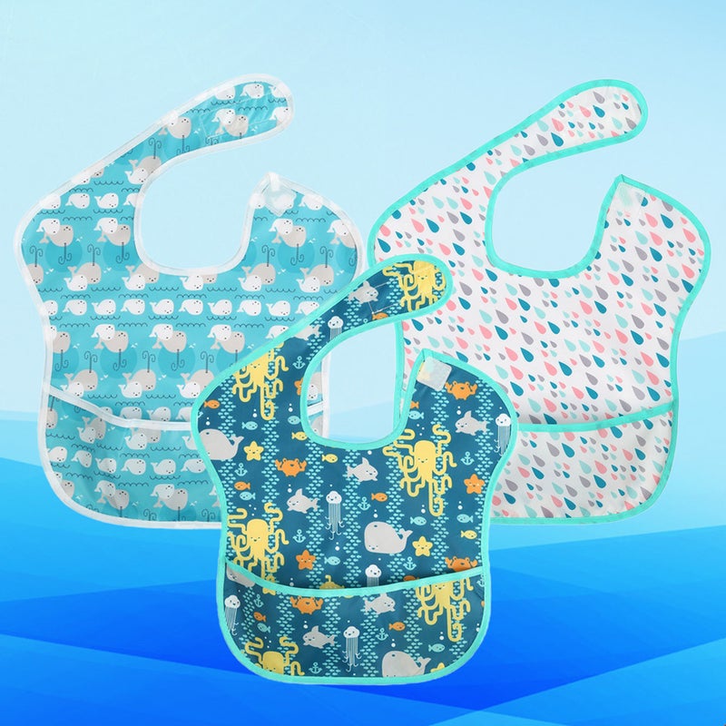 🧸 ثلاث قطع منشفة لعاب مريلة أطفال مقاومة للماء بنقش كرتوني أخطبوط صغير مطر صغيرة حوت صغير - Image 5