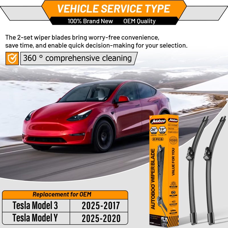 AUTOBOO 26"+19" Windshield Wipers Replacement for Tesla Model 3 2017 2018 2019 2020 2021 2022 2023 2024 2025 Model Y 2020 2021 2022 2023-2025 -Original Factory Quality (Pack of 2) - Image 2