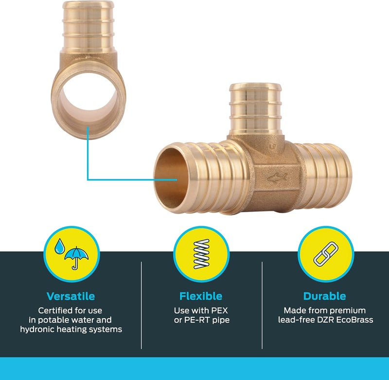 SharkBite Safe material 1 Inch x 1 Inch x 3/4 Inch Crimp Reducing Tee, Pack of 10, Brass Plumbing Fitting, PEX Pipe, PE-RT, UC416LF Slow wear optimized quality - Image 3