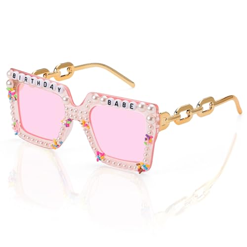 Etercycle Square Sunglasses, Birthday Babe Sunglasses Birthday Gift, Cute Pearl Glasses Birthday Gifts for Pink Birthday Party Decorations - Image 1