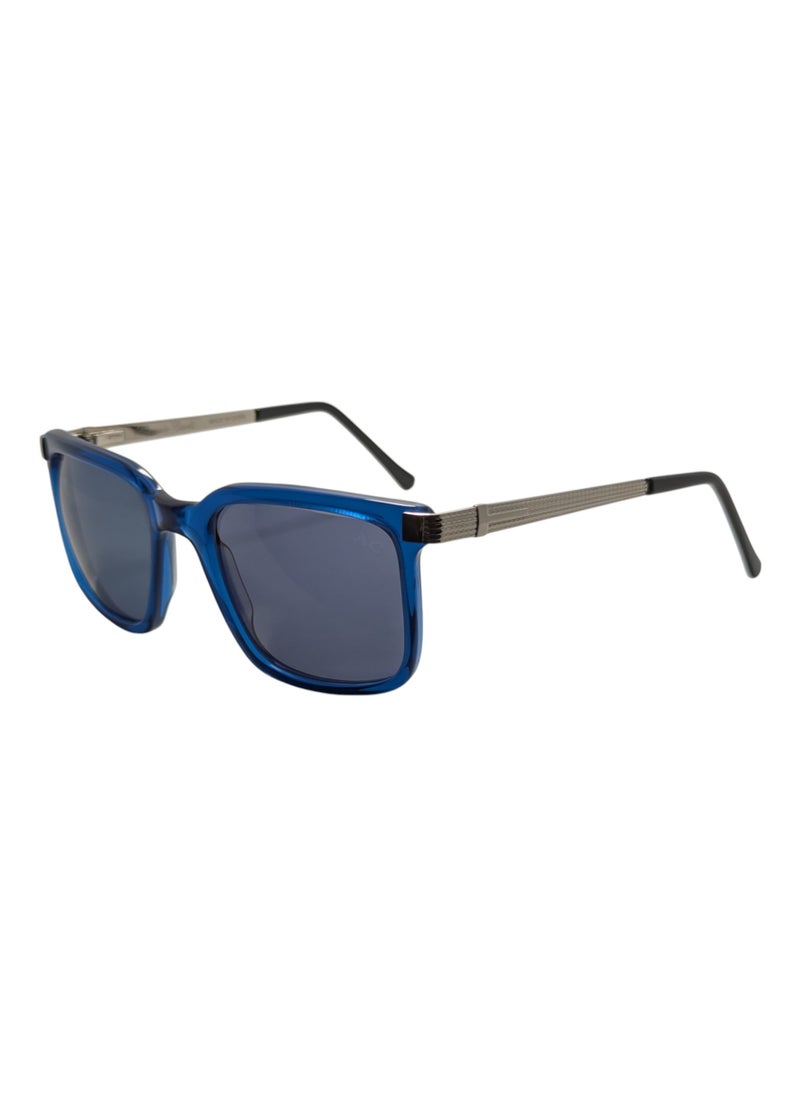 Authentic Armando Cavelli sunglasses, crafted from carefully selected premium acetate for a luxurious look and longevity with extensive use. This model combines modernity and classic style, with a raw blue acetate front and silver -plated metal temples to complete your luxury look. Comes with premium polymer lenses offer UV400 protection in a grey