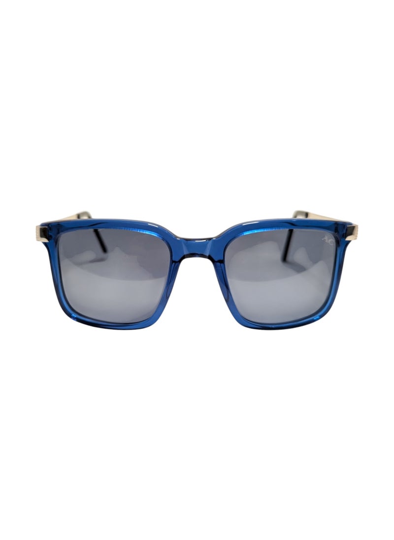 Authentic Armando Cavelli sunglasses, crafted from carefully selected premium acetate for a luxurious look and longevity with extensive use. This model combines modernity and classic style, with a raw blue acetate front and silver -plated metal temples to complete your luxury look. Comes with premium polymer lenses offer UV400 protection in a grey
