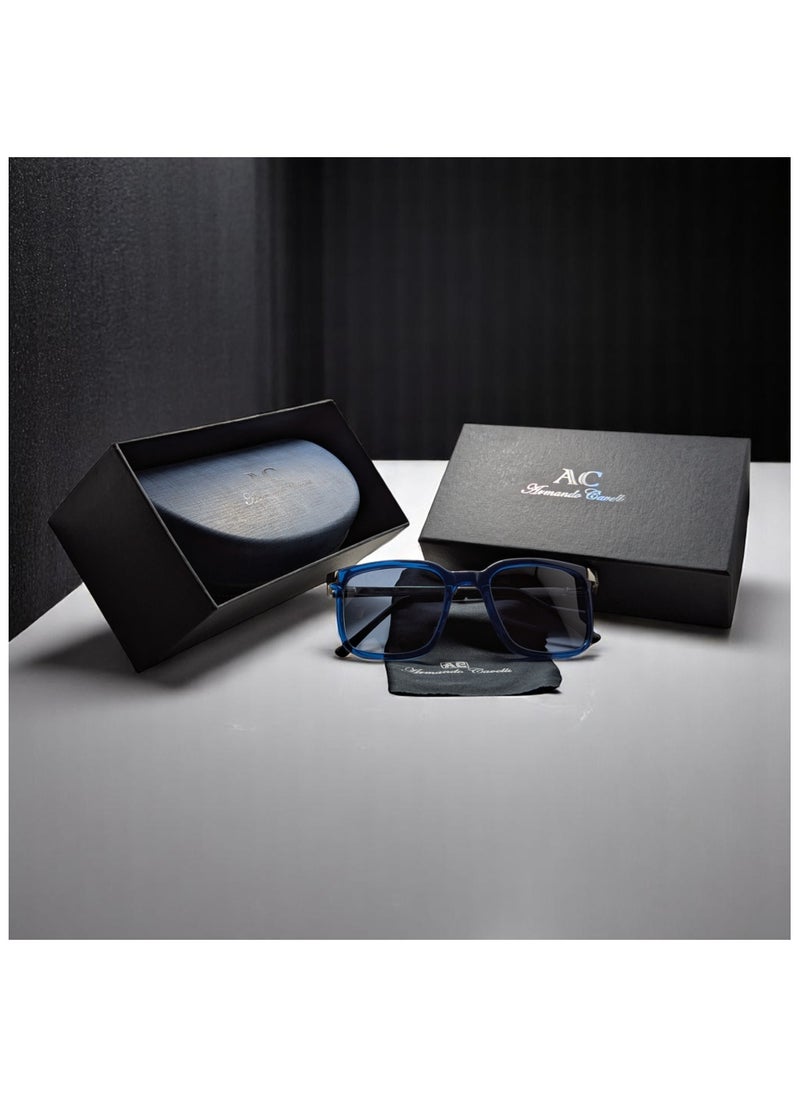 Authentic Armando Cavelli sunglasses, crafted from carefully selected premium acetate for a luxurious look and longevity with extensive use. This model combines modernity and classic style, with a raw blue acetate front and silver -plated metal temples to complete your luxury look. Comes with premium polymer lenses offer UV400 protection in a grey