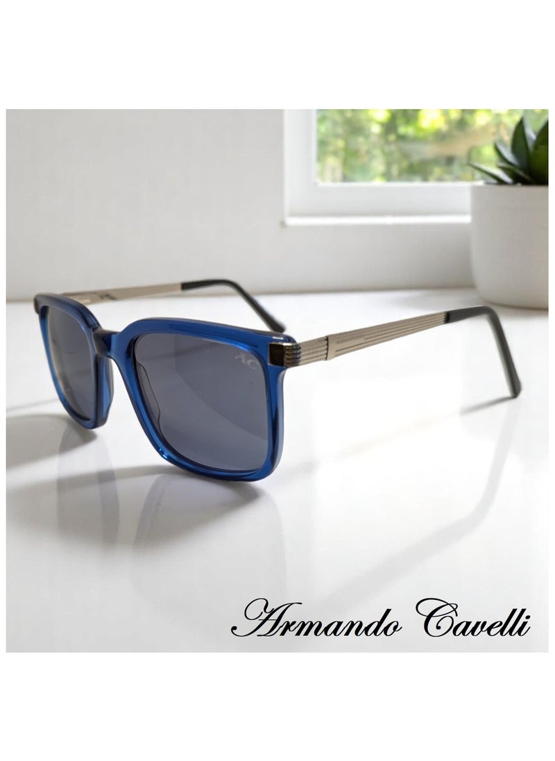 Authentic Armando Cavelli sunglasses, crafted from carefully selected premium acetate for a luxurious look and longevity with extensive use. This model combines modernity and classic style, with a raw blue acetate front and silver -plated metal temples to complete your luxury look. Comes with premium polymer lenses offer UV400 protection in a grey