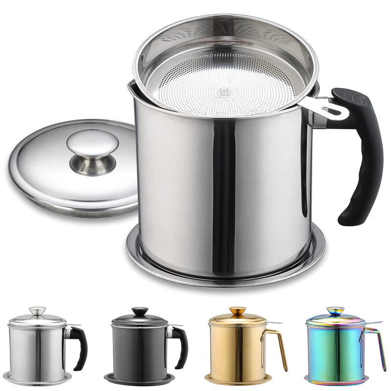 Berglander Bacon Grease Container with Filter 47 oz / 1.4 L, Stainless Steel Oil Storage Container with Fine Mesh Filter Dustproof for Storage of Fry Oil and Food Fat, Cookware Accessories - Image 1