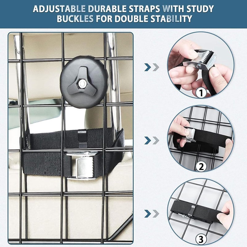 Adjustable Iron Dog Car Barrier, Pet Cargo Area Divider Gate, Sturdy Wire Mesh Pet Guard for SUV Van Sedan with Extension Panels and Straps, Black Trifold Design - Image 4