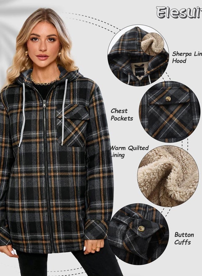 Elesuit Women's Full Zip Fleece Flannel Jacket Plaid Hooded Jackets Sherpa Lind Hoodies for Women, Dark Grey, M - Image 4